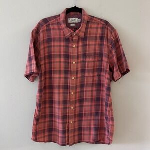 Grayers Clothiers Men XL Peach  Plum Plaid Short Sleeve Cotton Button Down Shirt